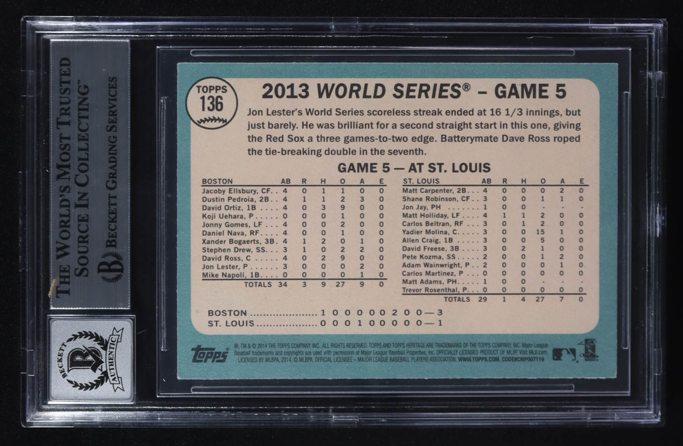Jon Lester Signed 2014 Topps Heritage #136 World Series Game 5 (BGS) at PristineAuction.com Jon Lester Signed 2014 Topps Heritage #136 World Series Game 5 (BGS) at PristineAuction.com