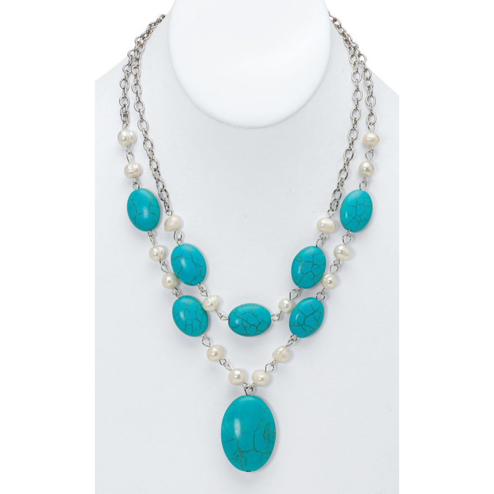Genuine Turquoise and Cultured Freshwater Pearl Necklace and Earring Set at PristineAuction.com