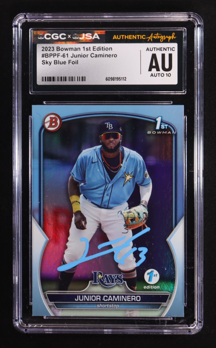 Junior Caminero 2023 Bowman 1st Edition Sky Blue Foil #BPPF-61 RC (CGC | Autograph Graded CGC 10) at PristineAuction.com Junior Caminero 2023 Bowman 1st Edition Sky Blue Foil #BPPF-61 RC (CGC | Autograph Graded CGC 10) at PristineAuction.com