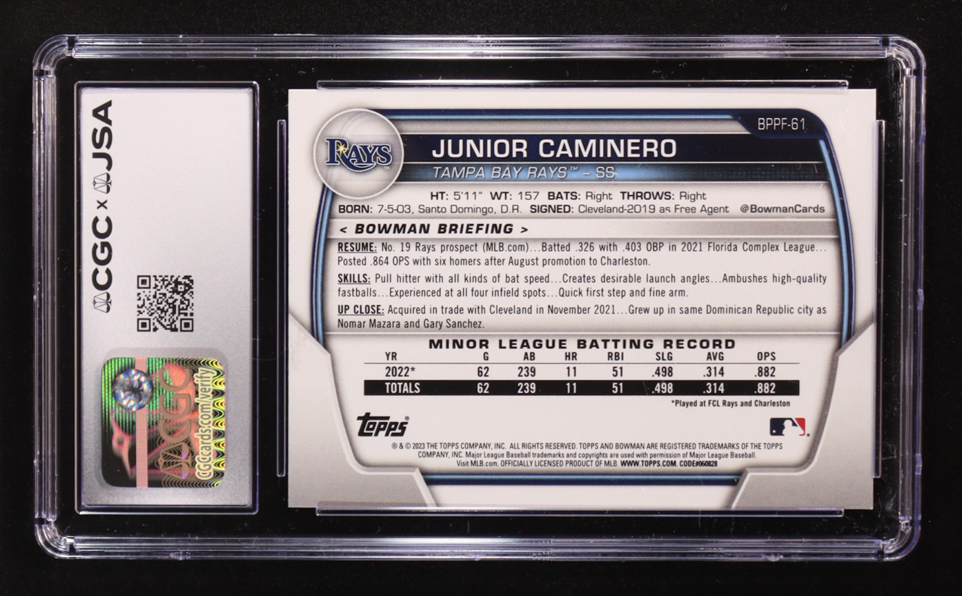 Junior Caminero 2023 Bowman 1st Edition Sky Blue Foil #BPPF-61 RC (CGC | Autograph Graded CGC 10) at PristineAuction.com Junior Caminero 2023 Bowman 1st Edition Sky Blue Foil #BPPF-61 RC (CGC | Autograph Graded CGC 10) at PristineAuction.com