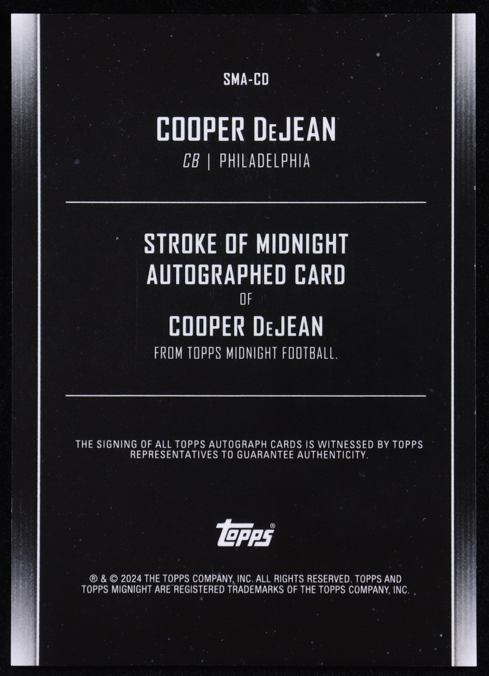 Cooper DeJean 2024 Topps Midnight Stroke of Midnight Autographs #SMA-CD RC at PristineAuction.com Cooper DeJean 2024 Topps Midnight Stroke of Midnight Autographs #SMA-CD RC at PristineAuction.com