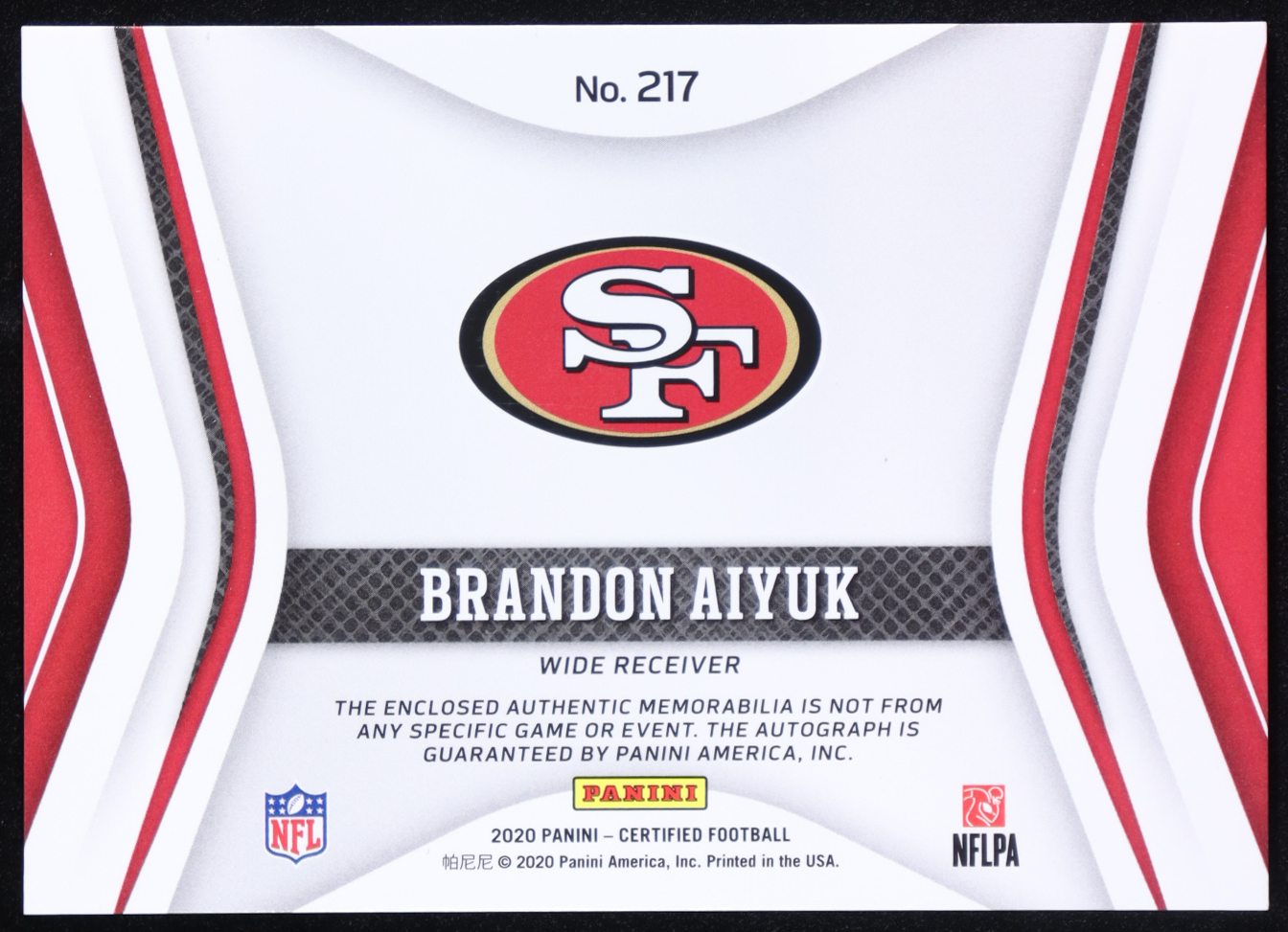 Brandon Aiyuk 2020 Certified Jsy Autographs #217 #002/299 RC at PristineAuction.com Brandon Aiyuk 2020 Certified Jsy Autographs #217 #002/299 RC at PristineAuction.com