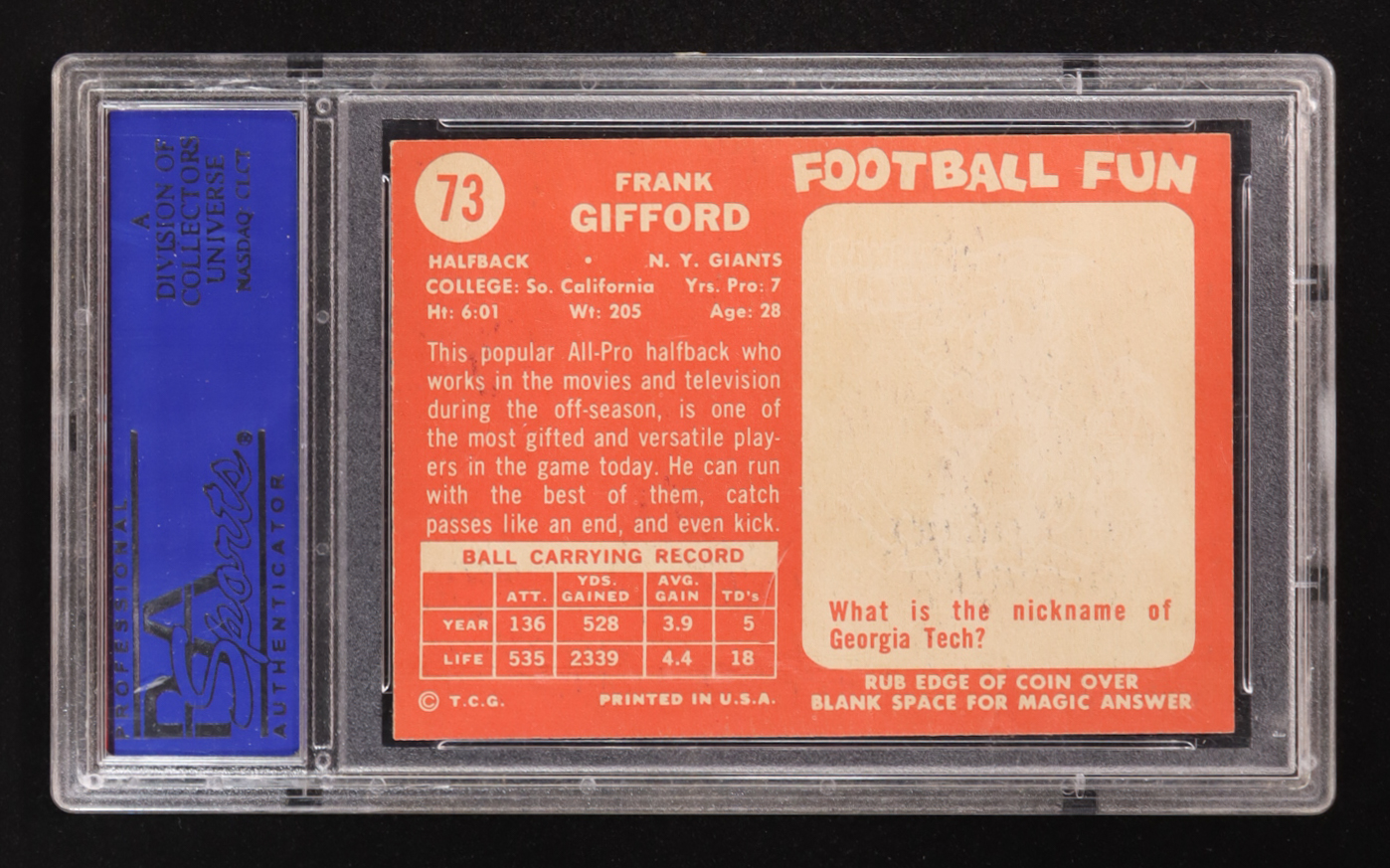 Frank Gifford 1958 Topps #73 (PSA 8) at PristineAuction.com Frank Gifford 1958 Topps #73 (PSA 8) at PristineAuction.com