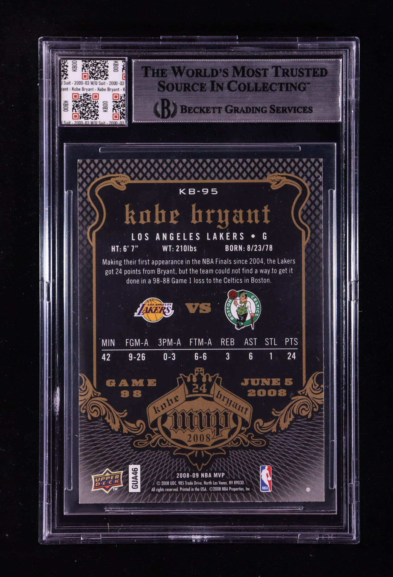 Kobe Bryant 2008-09 Upper Deck MVP Kobe MVP #KB95 With Warm-Up Suit Swatch (BGS) at PristineAuction.com Kobe Bryant 2008-09 Upper Deck MVP Kobe MVP #KB95 With Warm-Up Suit Swatch (BGS) at PristineAuction.com