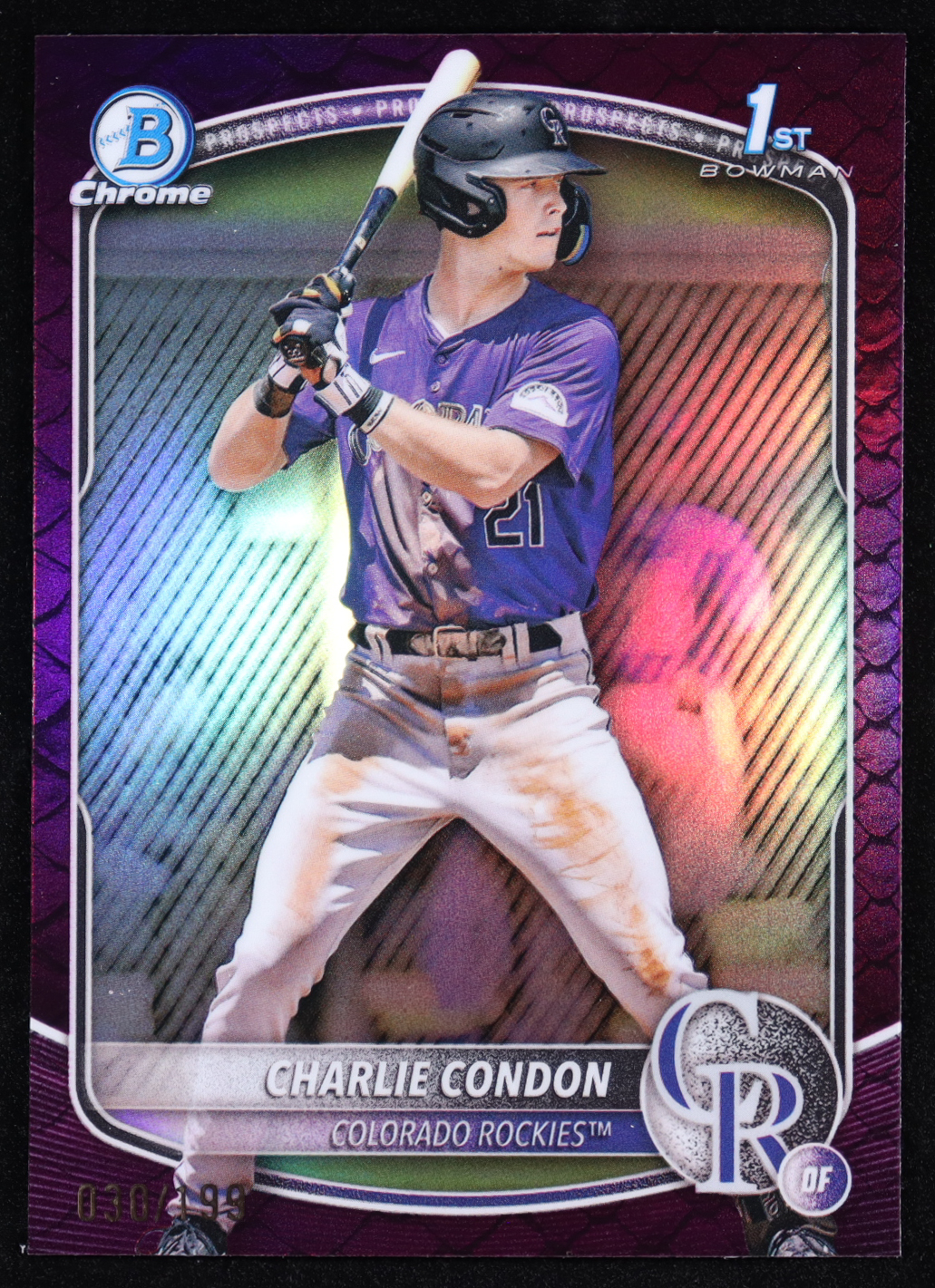 Charlie Condon 2025 Bowman Chrome Prospects Fuchsia Reptilian Refractors #BCP75 #030/199 RC at PristineAuction.com Charlie Condon 2025 Bowman Chrome Prospects Fuchsia Reptilian Refractors #BCP75 #030/199 RC at PristineAuction.com