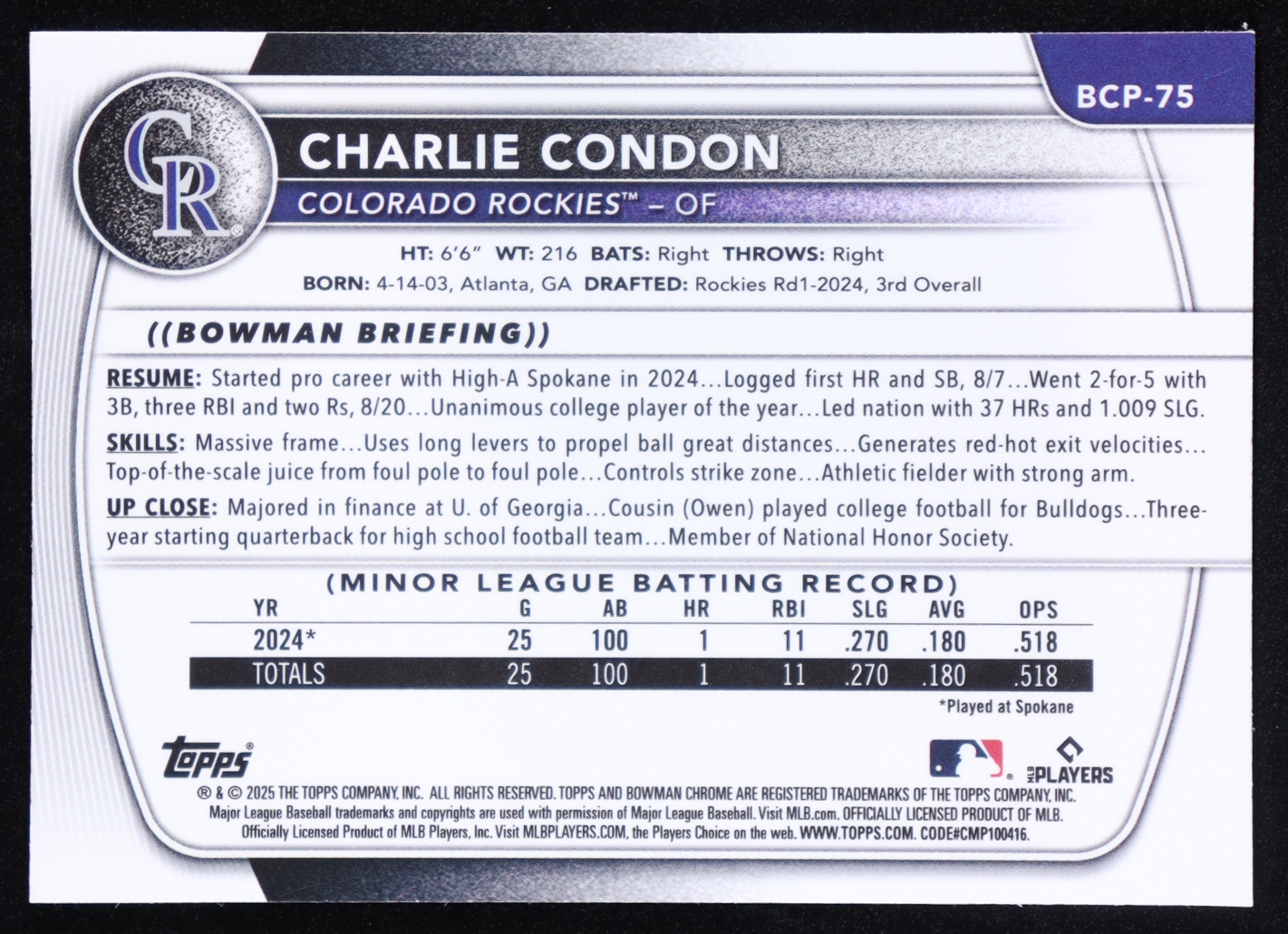 Charlie Condon 2025 Bowman Chrome Prospects Fuchsia Reptilian Refractors #BCP75 #030/199 RC at PristineAuction.com Charlie Condon 2025 Bowman Chrome Prospects Fuchsia Reptilian Refractors #BCP75 #030/199 RC at PristineAuction.com