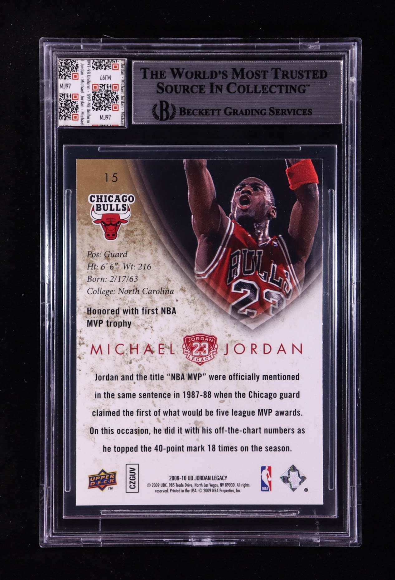 Michael Jordan 2009-10 Upper Deck Michael Jordan Legacy Collection #15 With Game-Used Uniform Swatch (BGS 9) at PristineAuction.com Michael Jordan 2009-10 Upper Deck Michael Jordan Legacy Collection #15 With Game-Used Uniform Swatch (BGS 9) at PristineAuction.com