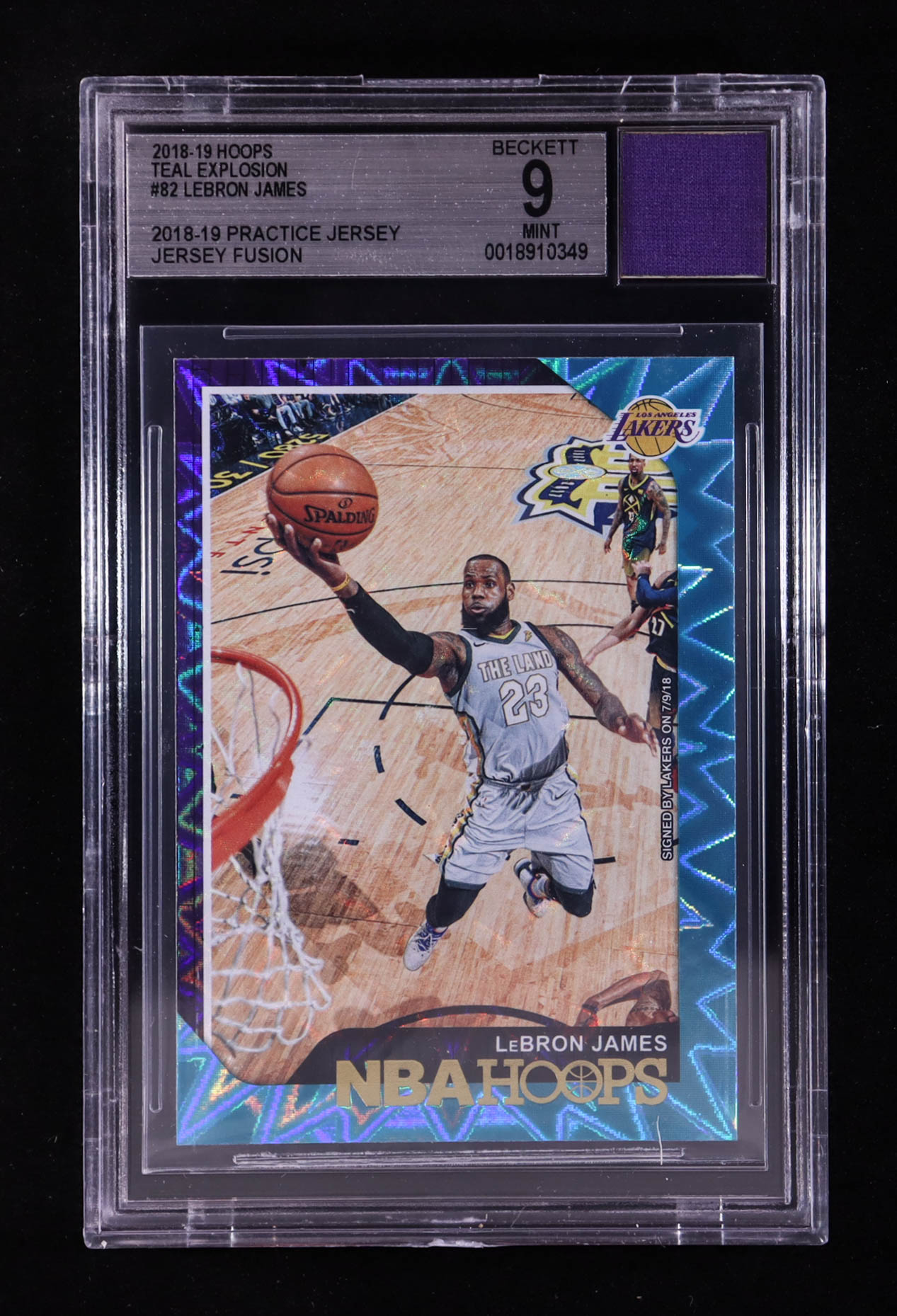 LeBron James 2018-19 Hoops Teal Explosion #82 With Practice Jersey Swatch (BGS 9) at PristineAuction.com LeBron James 2018-19 Hoops Teal Explosion #82 With Practice Jersey Swatch (BGS 9) at PristineAuction.com