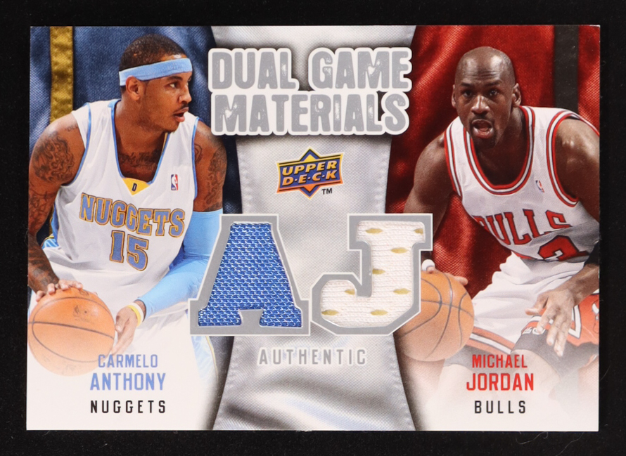 Carmelo Anthony / Michael Jordan 2009-10 Upper Deck Game Materials Dual #DGNK at PristineAuction.com Carmelo Anthony / Michael Jordan 2009-10 Upper Deck Game Materials Dual #DGNK at PristineAuction.com