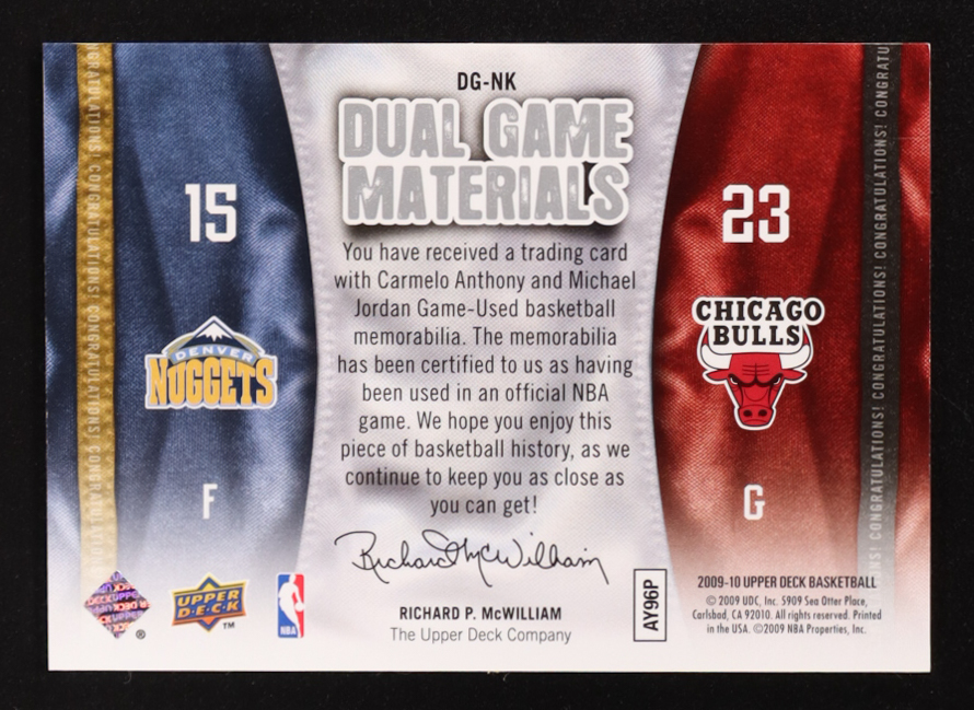 Carmelo Anthony / Michael Jordan 2009-10 Upper Deck Game Materials Dual #DGNK at PristineAuction.com Carmelo Anthony / Michael Jordan 2009-10 Upper Deck Game Materials Dual #DGNK at PristineAuction.com
