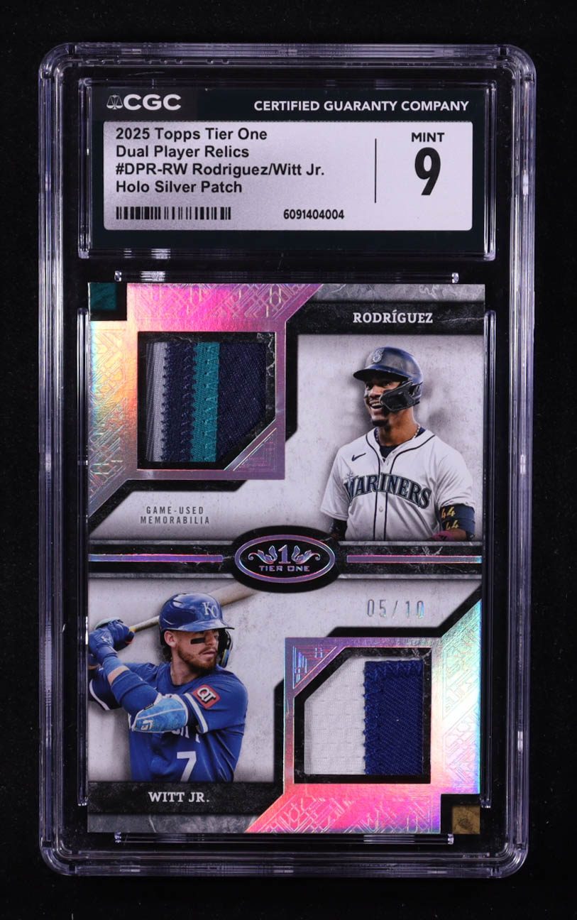 Bobby Witt Jr. / Julio Rodriguez 2025 Topps Tier One Dual Player Relics Holo Silver Patches #DPRRW #5/10 (CGC 9) at PristineAuction.com Bobby Witt Jr. / Julio Rodriguez 2025 Topps Tier One Dual Player Relics Holo Silver Patches #DPRRW #5/10 (CGC 9) at PristineAuction.com