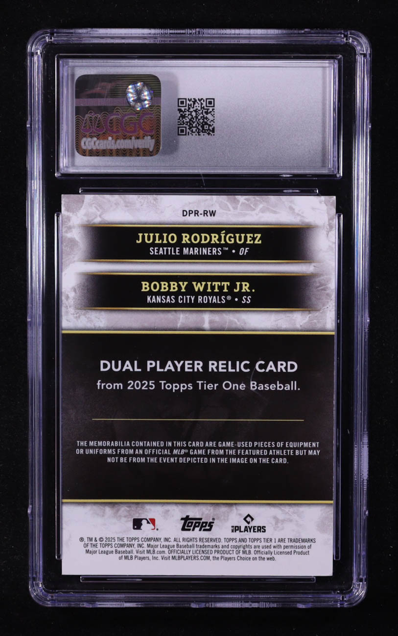 Bobby Witt Jr. / Julio Rodriguez 2025 Topps Tier One Dual Player Relics Holo Silver Patches #DPRRW #5/10 (CGC 9) at PristineAuction.com Bobby Witt Jr. / Julio Rodriguez 2025 Topps Tier One Dual Player Relics Holo Silver Patches #DPRRW #5/10 (CGC 9) at PristineAuction.com