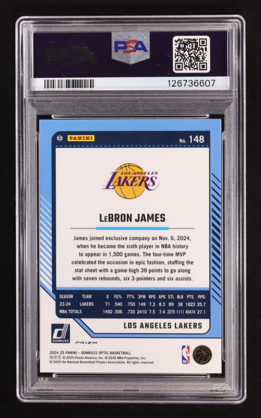 Lebron James 2024-25 Panini Donruss Optic Purple #148 (PSA 10) at PristineAuction.com Lebron James 2024-25 Panini Donruss Optic Purple #148 (PSA 10) at PristineAuction.com