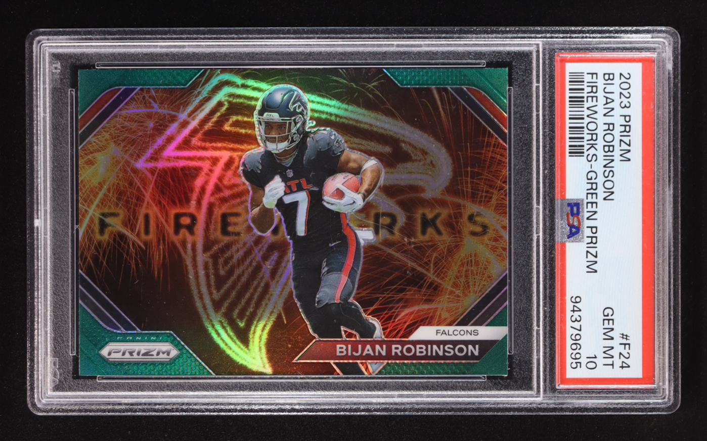Bijan Robinson 2023 Panini Prizm Fireworks Green #F-24 RC (PSA 10) at PristineAuction.com Bijan Robinson 2023 Panini Prizm Fireworks Green #F-24 RC (PSA 10) at PristineAuction.com