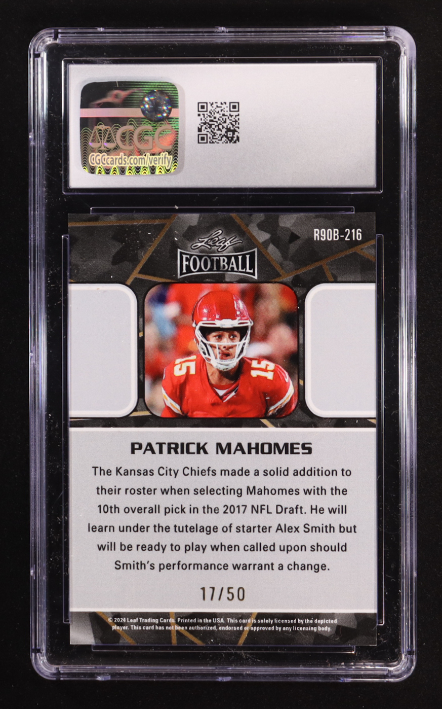 Patrick Mahomes 2024 Leaf Collective Retail '90 Leaf Blue #R90B-216 #17/50 (CGC 8.5) at PristineAuction.com Patrick Mahomes 2024 Leaf Collective Retail '90 Leaf Blue #R90B-216 #17/50 (CGC 8.5) at PristineAuction.com