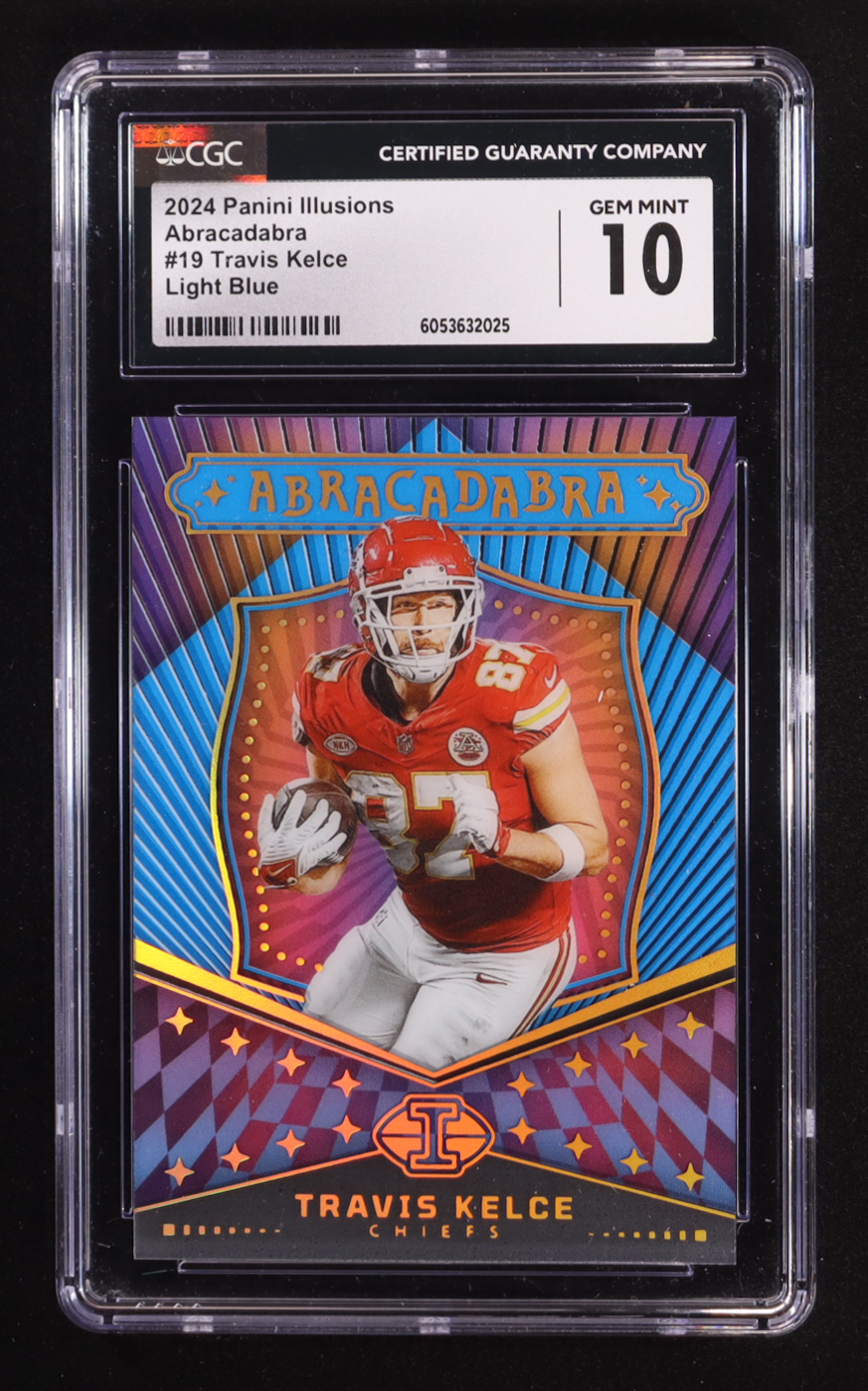 Travis Kelce 2024 Panini Illusions Abracadabra Light Blue #19 #293/299 (CGC 10) at PristineAuction.com Travis Kelce 2024 Panini Illusions Abracadabra Light Blue #19 #293/299 (CGC 10) at PristineAuction.com