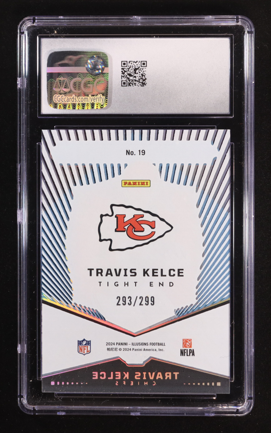 Travis Kelce 2024 Panini Illusions Abracadabra Light Blue #19 #293/299 (CGC 10) at PristineAuction.com Travis Kelce 2024 Panini Illusions Abracadabra Light Blue #19 #293/299 (CGC 10) at PristineAuction.com
