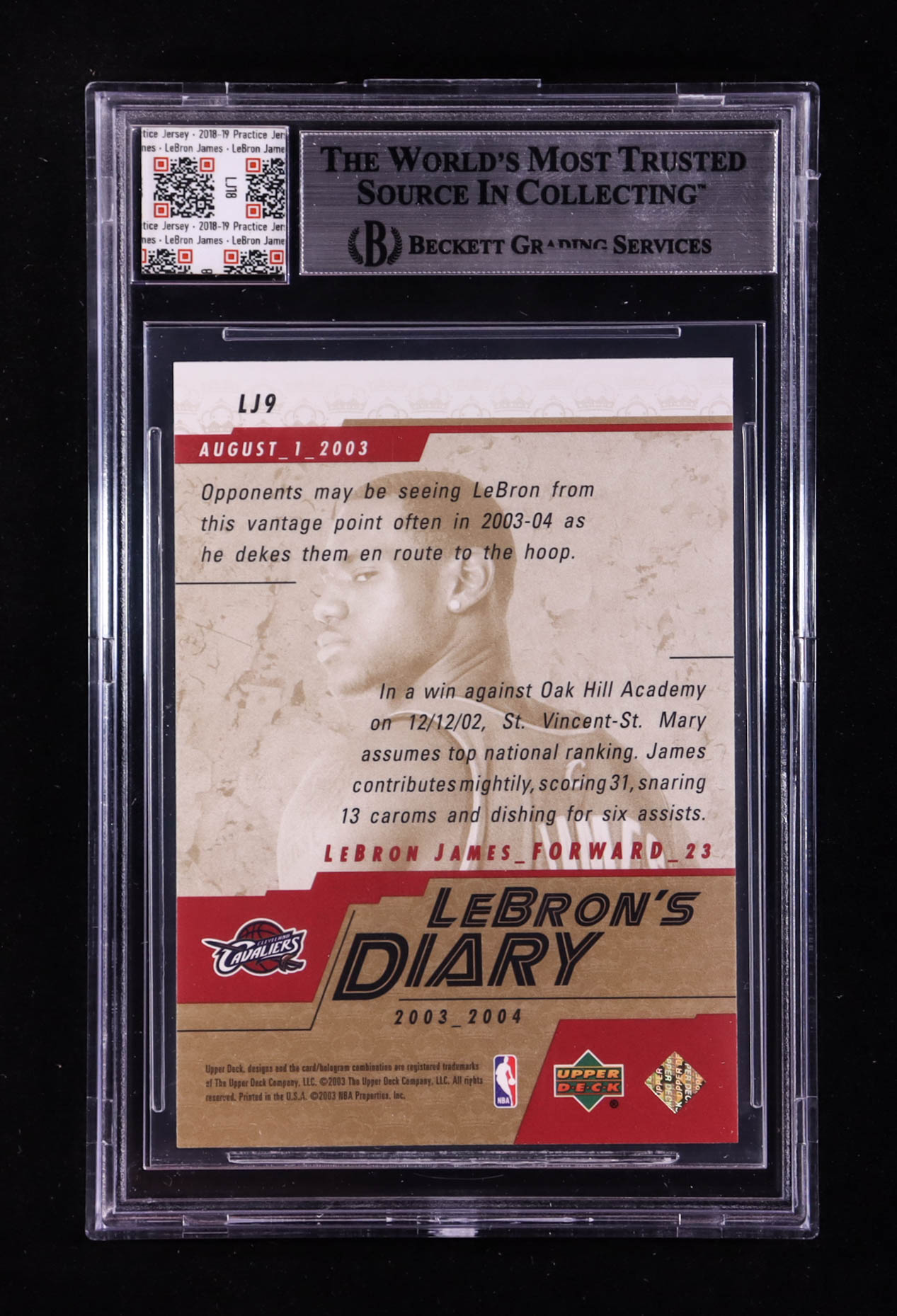 LeBron James 2003-04 Upper Deck LeBron's Diary #LJ9 RC With Practice Jersey Swatch (BGS 9) at PristineAuction.com LeBron James 2003-04 Upper Deck LeBron's Diary #LJ9 RC With Practice Jersey Swatch (BGS 9) at PristineAuction.com