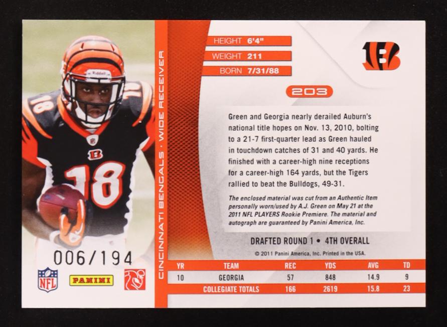 A.J. Green 2011 Absolute Memorabilia #203 RPM Autograph RC #6/194 at PristineAuction.com A.J. Green 2011 Absolute Memorabilia #203 RPM Autograph RC #6/194 at PristineAuction.com