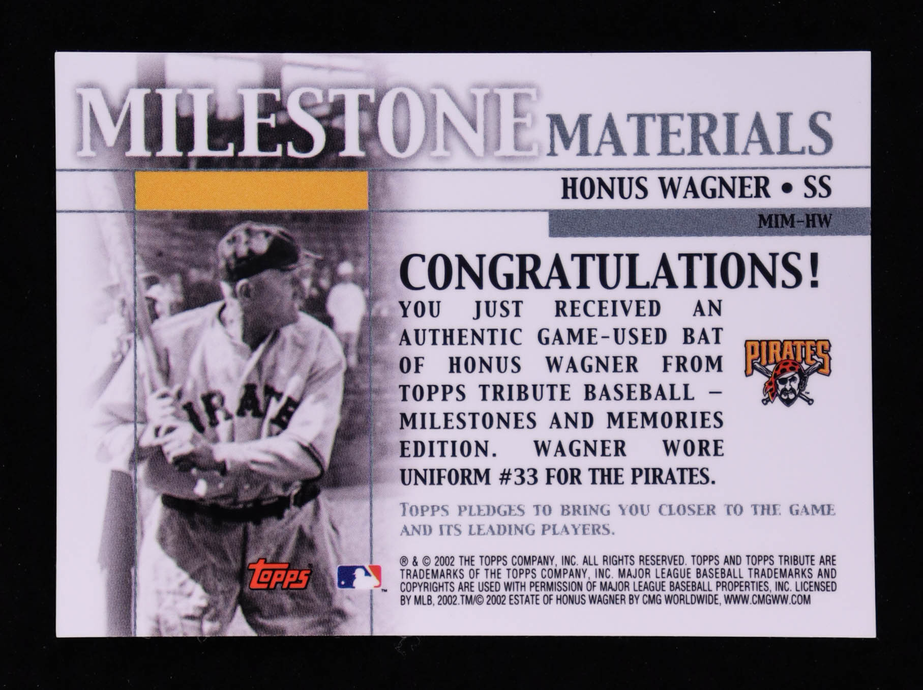 Honus Wagner 2002 Topps Tribute Milestone Materials #HW Bat at PristineAuction.com Honus Wagner 2002 Topps Tribute Milestone Materials #HW Bat at PristineAuction.com