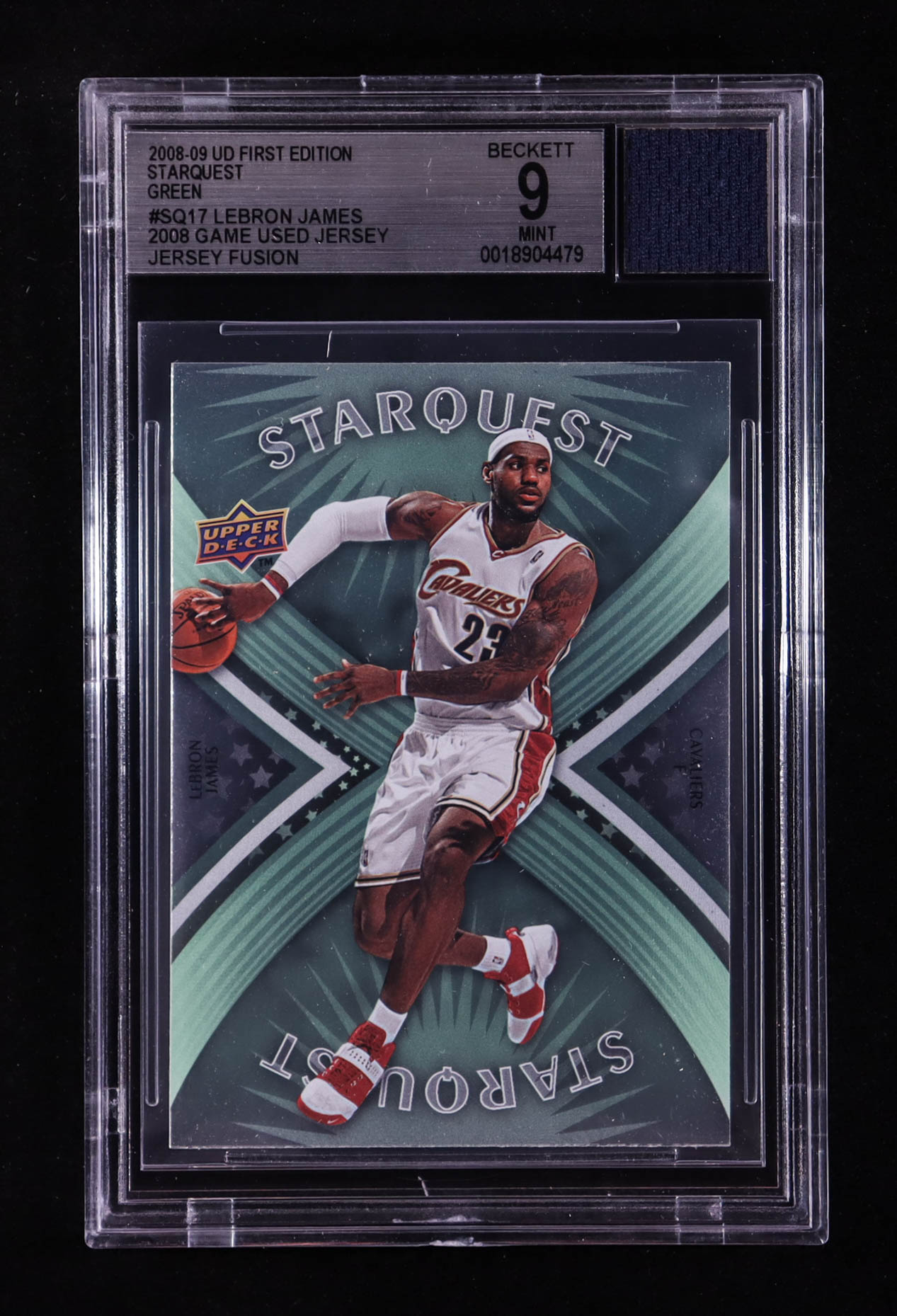 LeBron James 2008-09 Upper Deck First Edition Starquest Green #SQ17 With Game-Used Jersey Swatch (BGS 9) at PristineAuction.com LeBron James 2008-09 Upper Deck First Edition Starquest Green #SQ17 With Game-Used Jersey Swatch (BGS 9) at PristineAuction.com