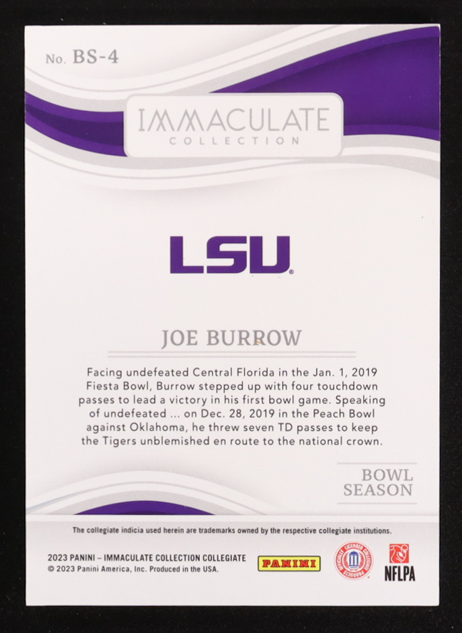 Joe Burrow 2023 Immaculate Collection Collegiate Bowl Season #BS-4 at PristineAuction.com Joe Burrow 2023 Immaculate Collection Collegiate Bowl Season #BS-4 at PristineAuction.com