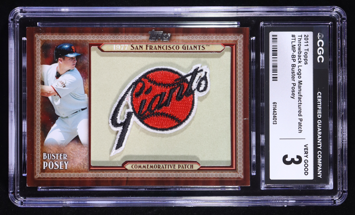Buster Posey 2011 Topps Throwback Logo Manufactured Commemorative 1977 Patch #TLMP-BP (CGC 3) at PristineAuction.com Buster Posey 2011 Topps Throwback Logo Manufactured Commemorative 1977 Patch #TLMP-BP (CGC 3) at PristineAuction.com