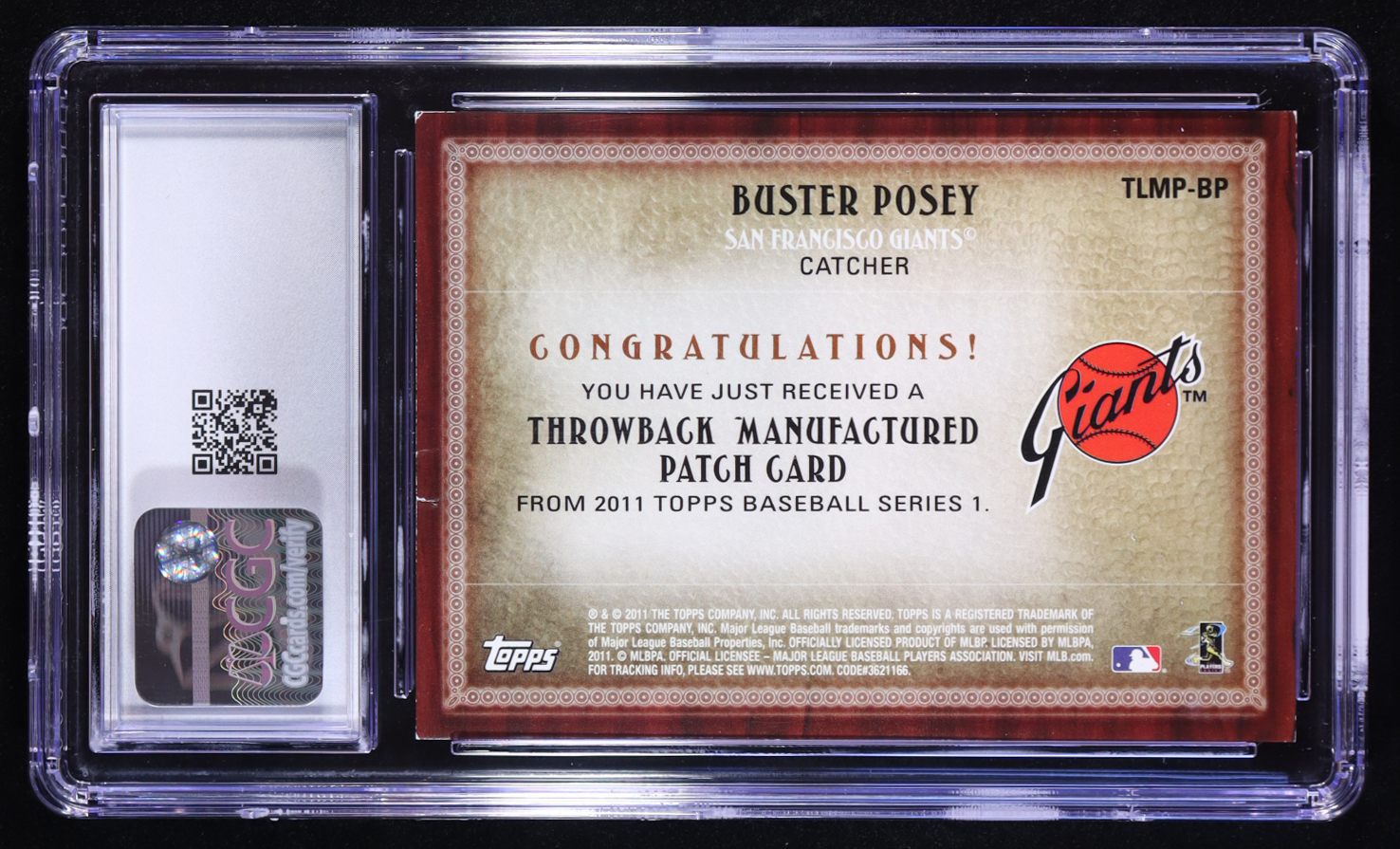 Buster Posey 2011 Topps Throwback Logo Manufactured Commemorative 1977 Patch #TLMP-BP (CGC 3) at PristineAuction.com Buster Posey 2011 Topps Throwback Logo Manufactured Commemorative 1977 Patch #TLMP-BP (CGC 3) at PristineAuction.com