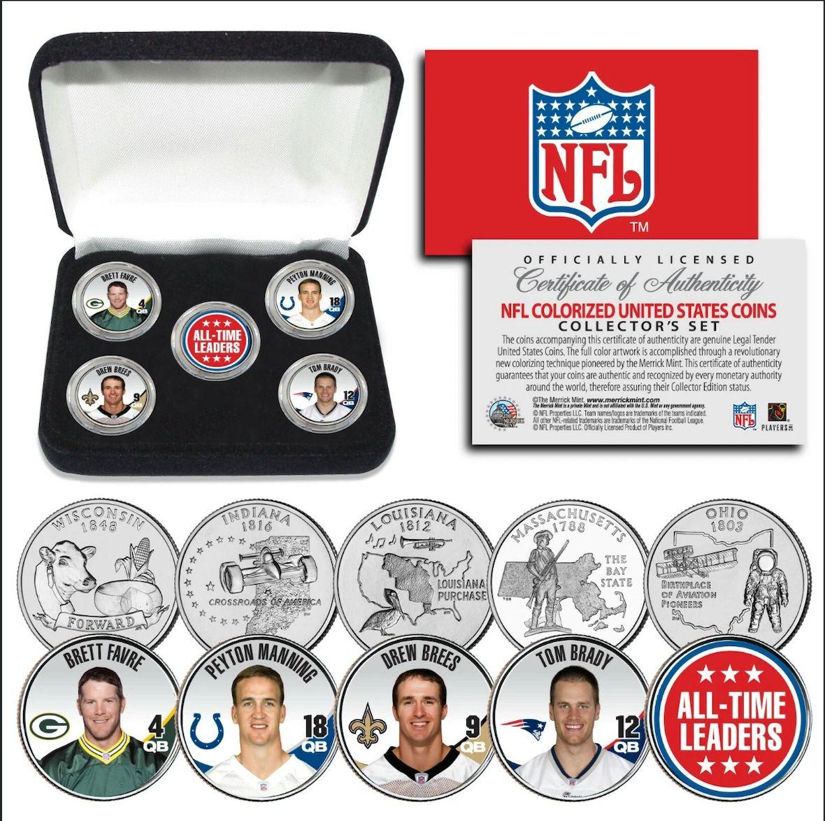 "NFL All-Time Touchdown Pass Leaders" Set of (5) Colorized Coins with Display Box at PristineAuction.com "NFL All-Time Touchdown Pass Leaders" Set of (5) Colorized Coins with Display Box at PristineAuction.com