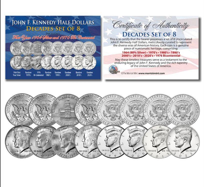 JFK Half Dollars Decades Set of (8) Uncirculated Coins at PristineAuction.com JFK Half Dollars Decades Set of (8) Uncirculated Coins at PristineAuction.com
