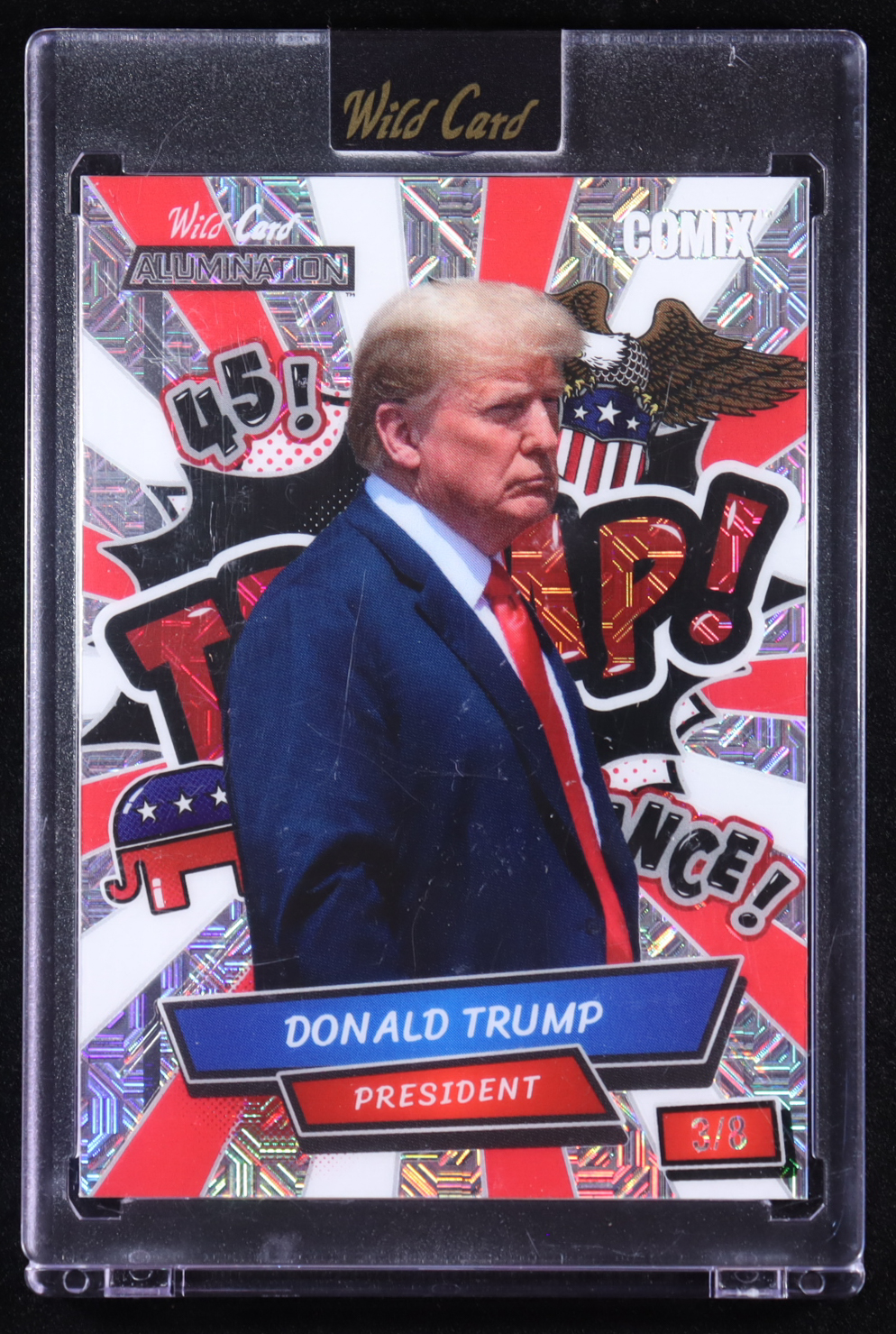 Donald Trump 2024 Wild Card Alumination Comix Trump Edition Red and White Mojo #ACBT-T3 #3/8 at PristineAuction.com Donald Trump 2024 Wild Card Alumination Comix Trump Edition Red and White Mojo #ACBT-T3 #3/8 at PristineAuction.com