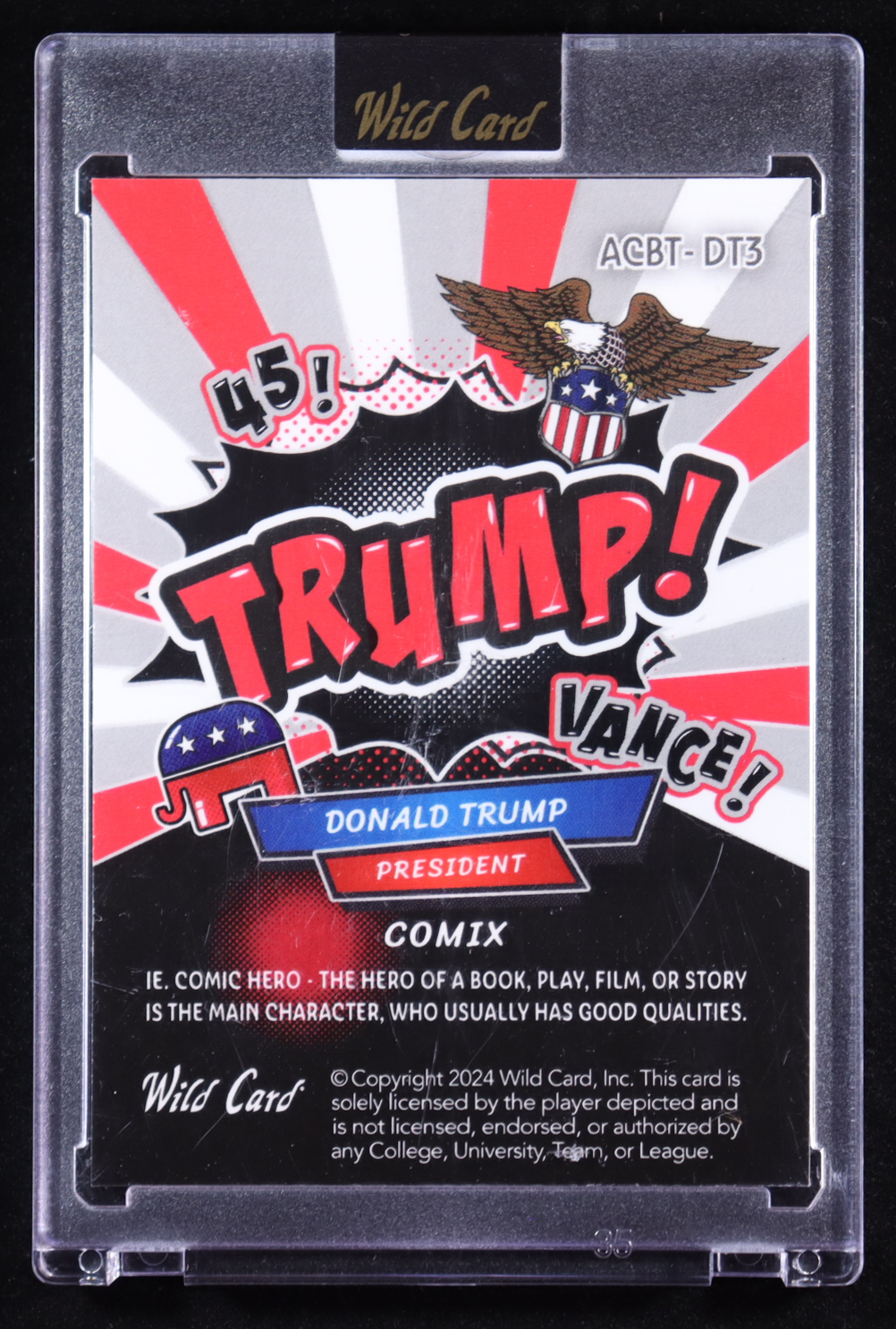 Donald Trump 2024 Wild Card Alumination Comix Trump Edition Red and White Mojo #ACBT-T3 #3/8 at PristineAuction.com Donald Trump 2024 Wild Card Alumination Comix Trump Edition Red and White Mojo #ACBT-T3 #3/8 at PristineAuction.com
