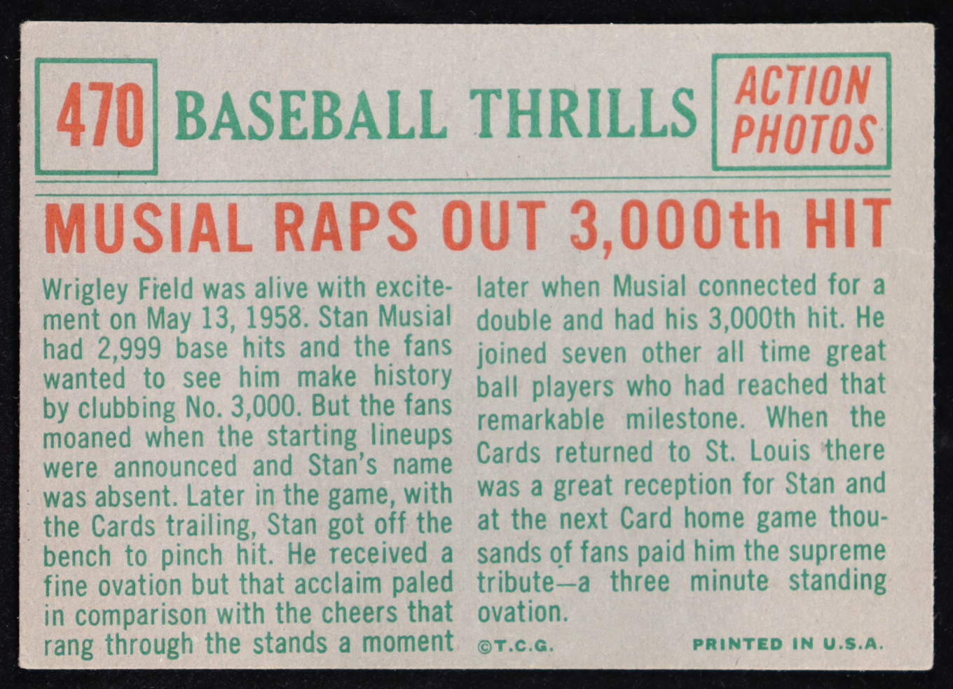 Stan Musial 1959 Topps Musial Raps Out 3,000th Hit #470 at PristineAuction.com Stan Musial 1959 Topps Musial Raps Out 3,000th Hit #470 at PristineAuction.com