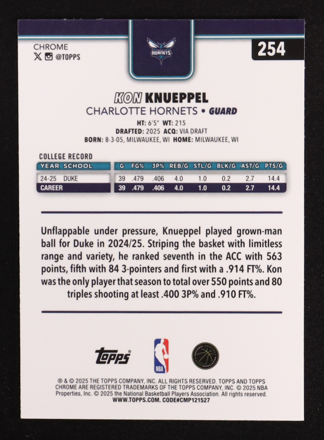 Kon Knueppel 2025-26 Topps Chrome #254 RC at PristineAuction.com Kon Knueppel 2025-26 Topps Chrome #254 RC at PristineAuction.com