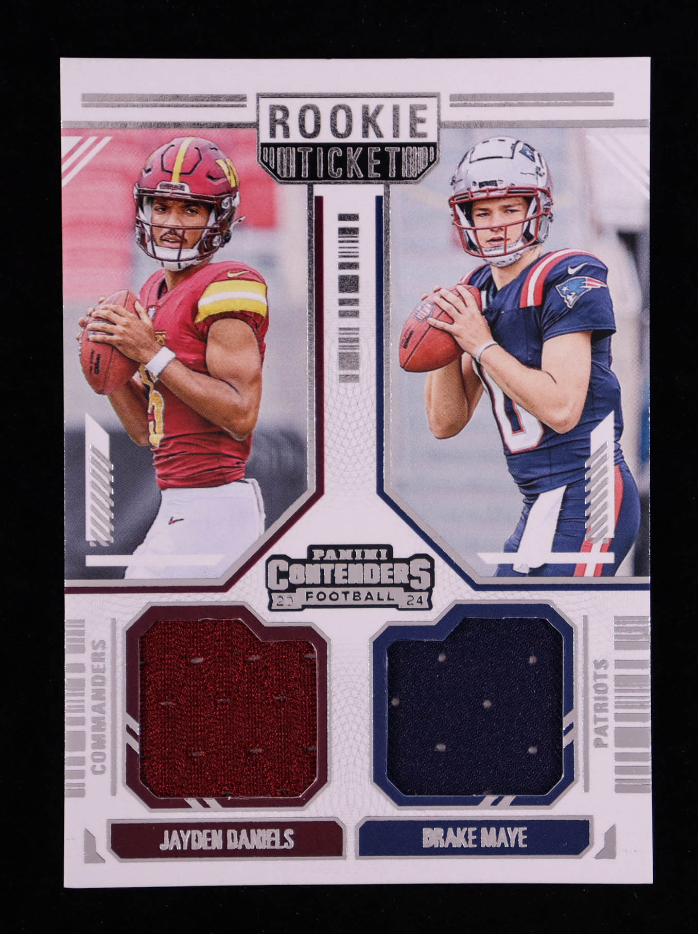 Drake Maye / Jayden Daniels 2024 Panini Contenders Rookie Ticket Dual Swatches #13 RC at PristineAuction.com Drake Maye / Jayden Daniels 2024 Panini Contenders Rookie Ticket Dual Swatches #13 RC at PristineAuction.com