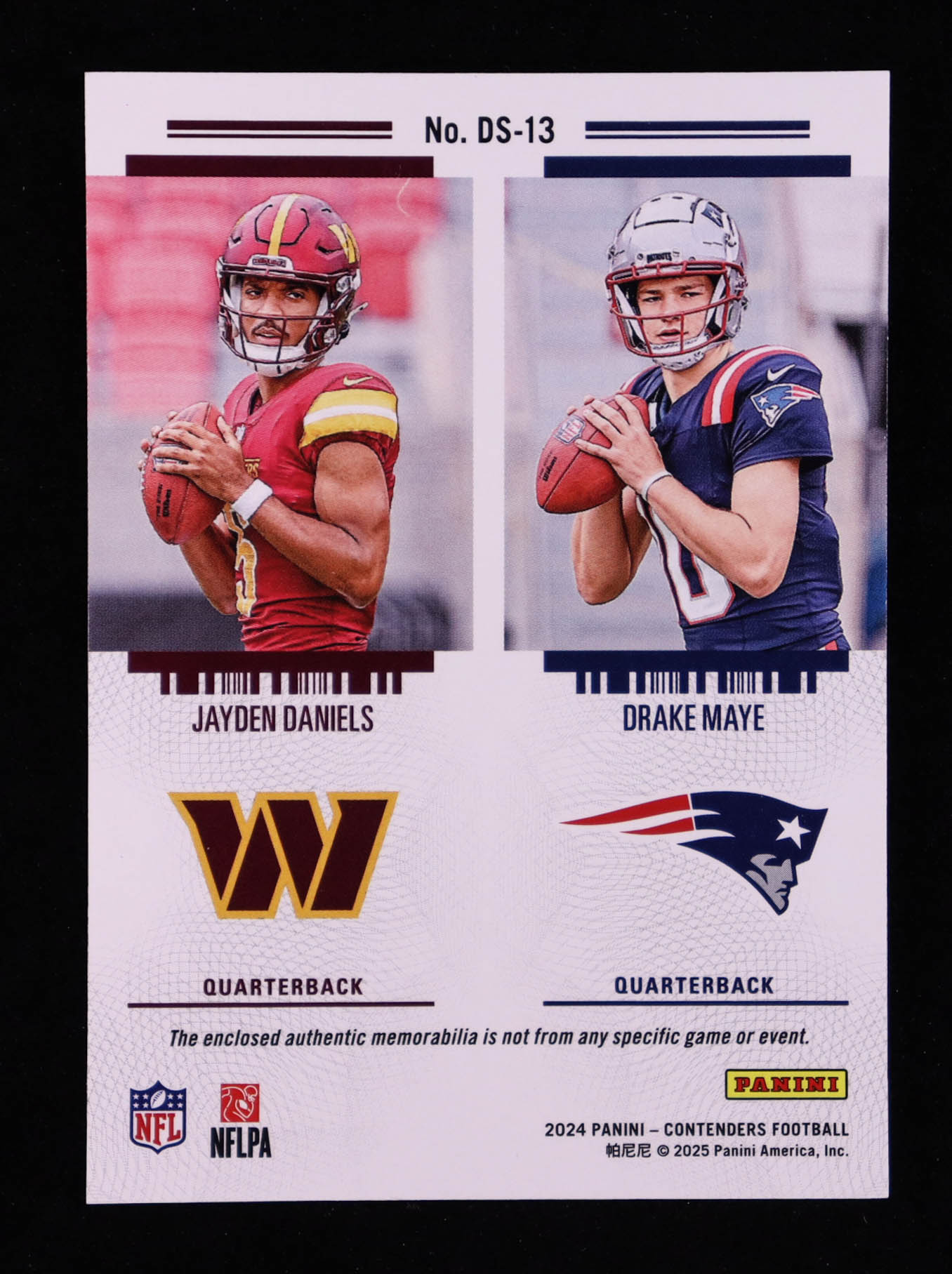 Drake Maye / Jayden Daniels 2024 Panini Contenders Rookie Ticket Dual Swatches #13 RC at PristineAuction.com Drake Maye / Jayden Daniels 2024 Panini Contenders Rookie Ticket Dual Swatches #13 RC at PristineAuction.com
