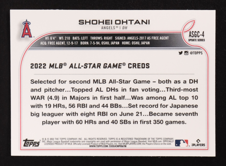Shohei Ohtani 2022 Topps Chrome Update '22 All Star Game #ASGC4 at PristineAuction.com Shohei Ohtani 2022 Topps Chrome Update '22 All Star Game #ASGC4 at PristineAuction.com