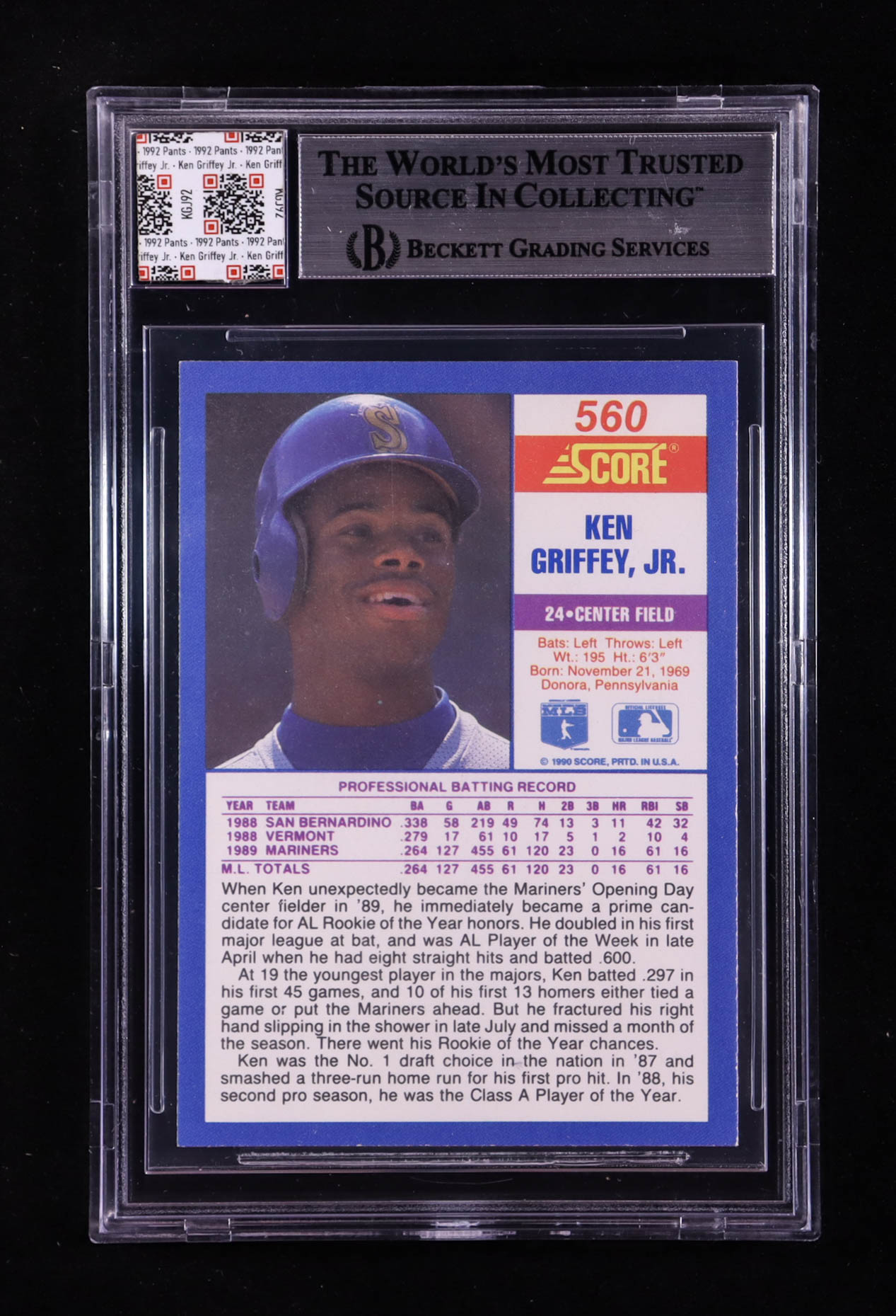 Ken Griffey Jr. 1990 Score #560 With Game Used Swatch (BGS) at PristineAuction.com Ken Griffey Jr. 1990 Score #560 With Game Used Swatch (BGS) at PristineAuction.com