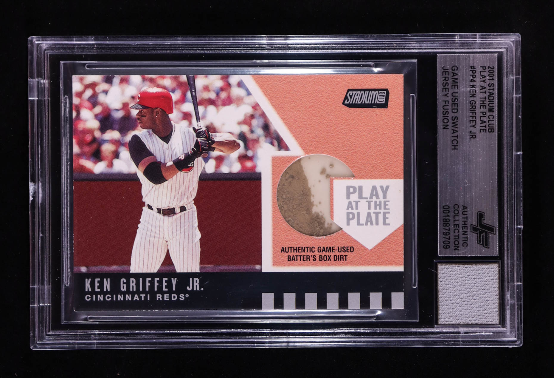 Ken Griffey Jr. 2001 Stadium Club Play at the Plate Dirt Relic #PP4 With Game Used Swatch (BGS) at PristineAuction.com Ken Griffey Jr. 2001 Stadium Club Play at the Plate Dirt Relic #PP4 With Game Used Swatch (BGS) at PristineAuction.com