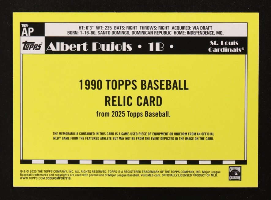 Albert Pujols 2025 Topps '90 Topps Relics #T90RAP at PristineAuction.com Albert Pujols 2025 Topps '90 Topps Relics #T90RAP at PristineAuction.com