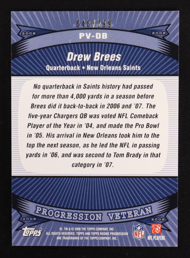 Drew Brees 2008 Topps Rookie Progression Veterans Game Worn Jerseys Bronze #PVDB #40/299 at PristineAuction.com Drew Brees 2008 Topps Rookie Progression Veterans Game Worn Jerseys Bronze #PVDB #40/299 at PristineAuction.com