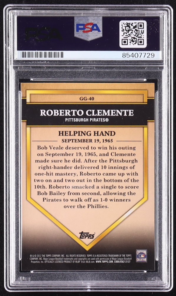 Roberto Clemente Jr. Signed 2012 Topps Golden Greats #GG40 Roberto Clemente (PSA | Autograph Graded 10) at PristineAuction.com Roberto Clemente Jr. Signed 2012 Topps Golden Greats #GG40 Roberto Clemente (PSA | Autograph Graded 10) at PristineAuction.com