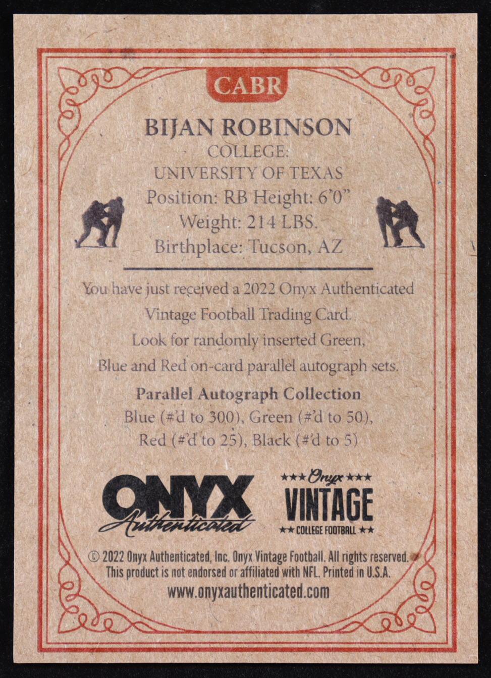 Bijan Robinson 2022 Onyx Vintage Autographs Blue #CABR at PristineAuction.com Bijan Robinson 2022 Onyx Vintage Autographs Blue #CABR at PristineAuction.com