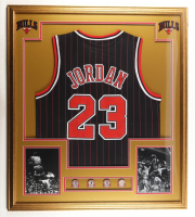 Michael Jordan Custom Framed Jersey Display with 1993, 1996, 1997 & 1998 Championship Pins at PristineAuction.com