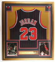 Michael Jordan Custom Framed Jersey Display with 1996 Conf. Champions Pin & NBA Finals Pin at PristineAuction.com