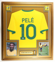 Pele Signed Custom Framed Jersey Display with Trophy Pin & Stat Plaque (Beckett) at PristineAuction.com