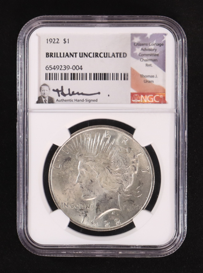 1922 Peace Silver $1 Dollar - Thomas J. Uran Hand-Signed Label (NGC BRILLIANT UNCIRCULATED) at PristineAuction.com 1922 Peace Silver $1 Dollar - Thomas J. Uran Hand-Signed Label (NGC BRILLIANT UNCIRCULATED) at PristineAuction.com