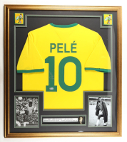 Pele Signed Custom Framed Jersey Display with Trophy Pin & Stat Plaque (Beckett) at PristineAuction.com
