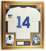 Ernie Banks Signed Custom Framed Cut Display Inscribed "Good Luck" & "1967" with Jersey & HOF Induction Emblem (PSA) at PristineAuction.com