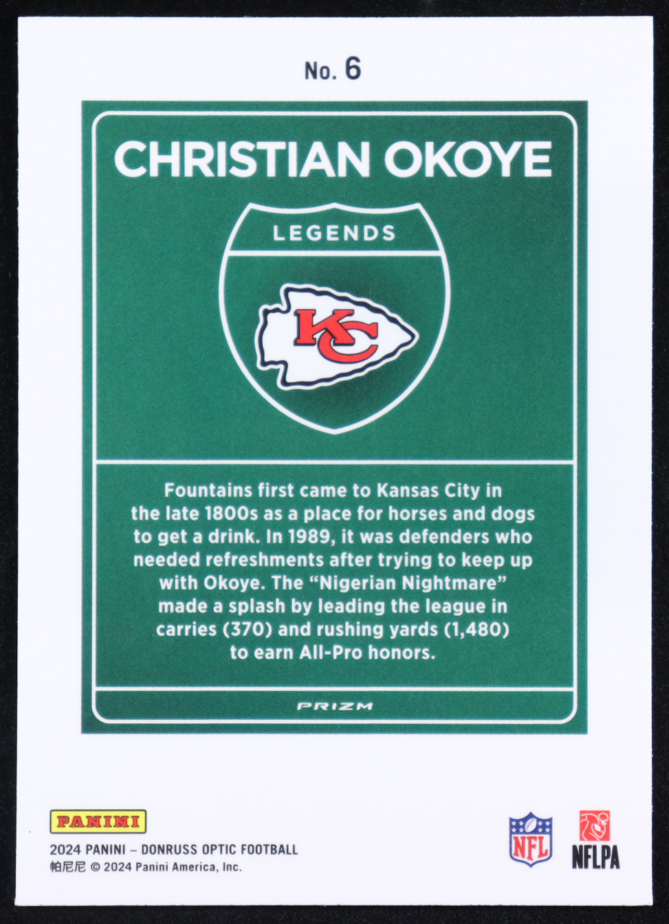 Christian Okoye 2024 Donruss Optic Downtown Legends #6 at PristineAuction.com Christian Okoye 2024 Donruss Optic Downtown Legends #6 at PristineAuction.com